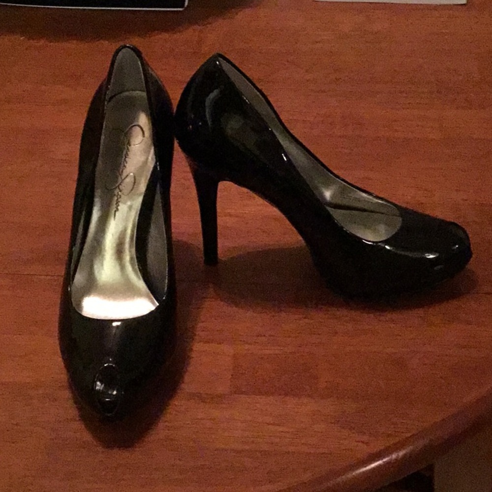 Black peep toe patent heels